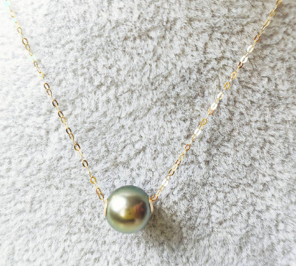 Necklace 18K gold solid dainty chain ,  AU750 stamped gold, Tahitian Black  Pearl 9-10MM  adjustable chain, gift for her