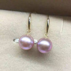 18K gold solid pearl earrings hooks, dangle, Au750 gold, 75% gold,Round AAAA Pearls Natural purple pearls, 11-12MM , 18 karat gold