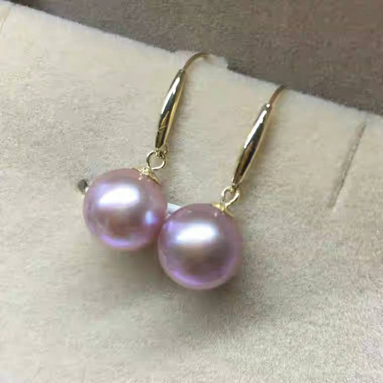 18K gold solid pearl earrings hooks, dangle, Au750 gold, 75% gold,Round AAAA Pearls Natural purple pearls, 11-12MM , 18 karat gold