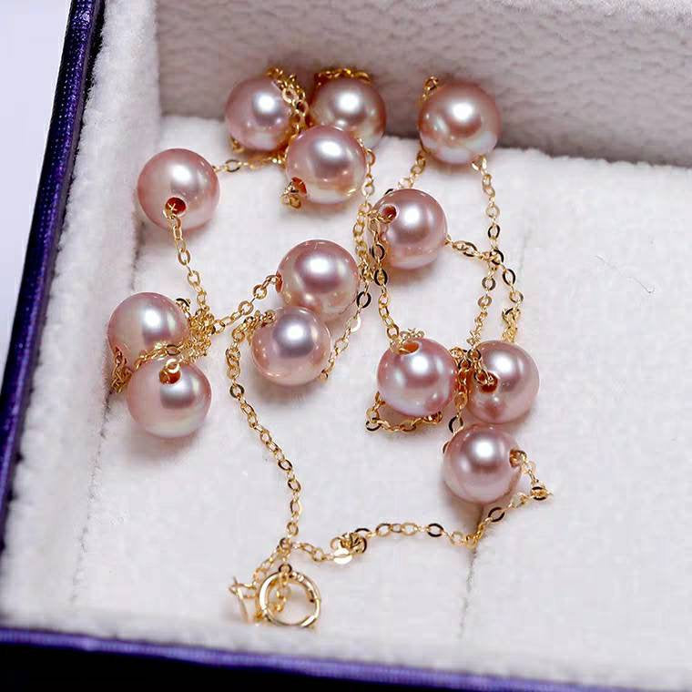 Genuine 18K gold solid pearl necklace,  Au750, 75% of gold, Fresh water Edison Pearls, top graded luster, purple, orange pink, white necklace