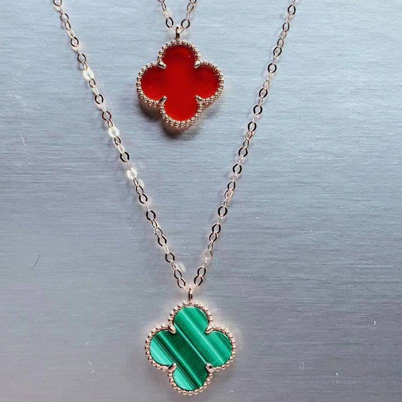 Genuine 18K gold solid fine chain, stamped Au750, 75% of gold, 18K gold clover pendant with jade, agate, Designed jewelry necklace
