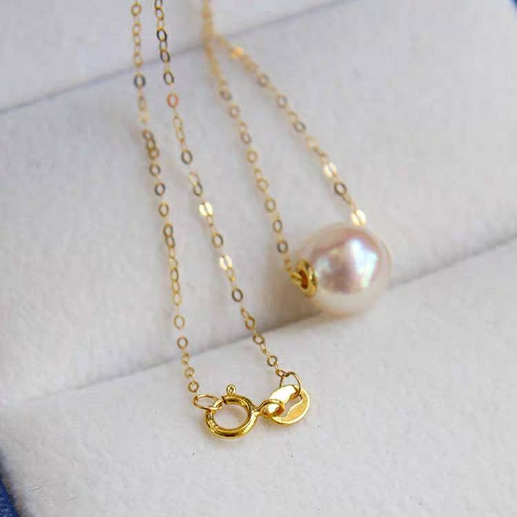 Genuine 18K gold solid fine chain, stamped Au750, 75% of gold chain, with Japanese Akoya white pearl floating charm pendant, inlaid with 18K