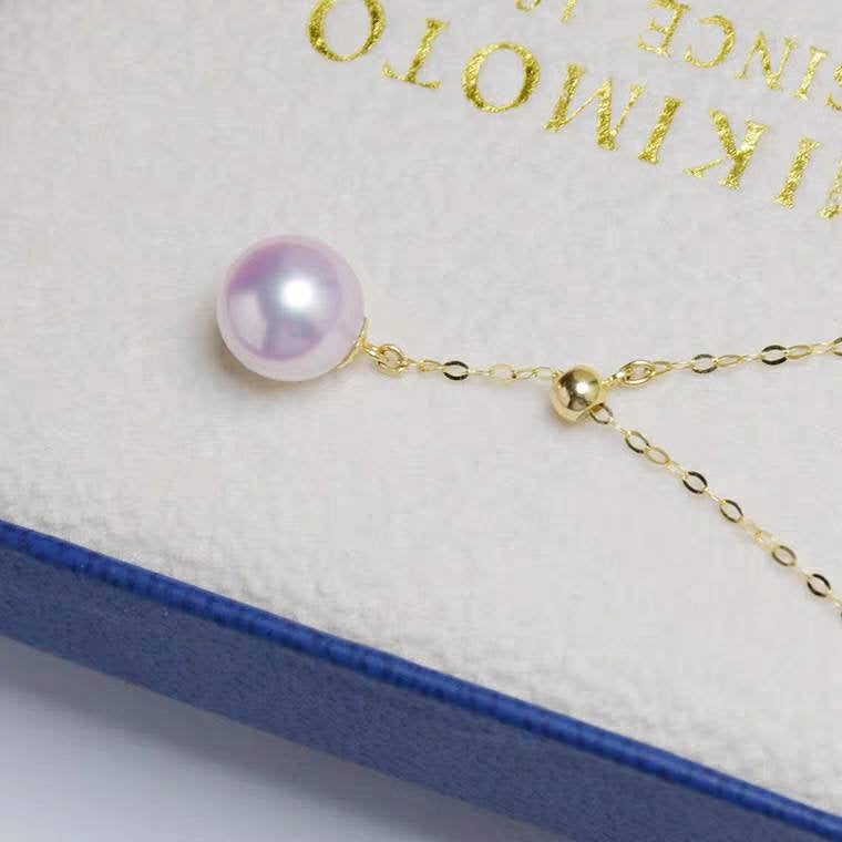 Genuine 18K gold solid Au750 dainty chain with pearl  natural seawater Japanese Akoya pearl 7-8MM white pearl Y-shaped necklace, charm
