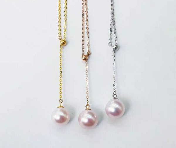 Genuine 18K gold solid Au750 dainty chain with pearl  natural seawater Japanese Akoya pearl 7-8MM white pearl Y-shaped necklace, charm