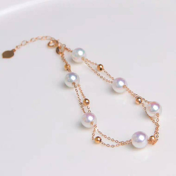 Genuine 18K gold solid beads bracelet, Au750 stamped, 75% gold chain, Japanese Akoya white round pearls top graded luster, pink luster