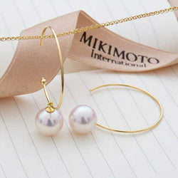 Genuine 18K gold solid big hoop earrings, Au750 gold , 75% gold dangle drop earrings Japanese Akoya white pearl pink luster, 8-9MM