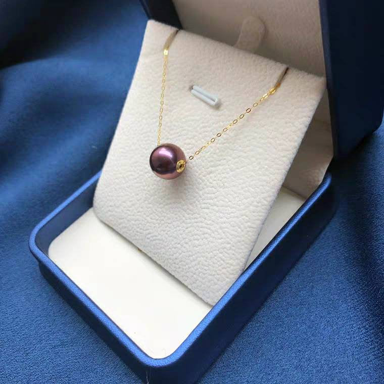 Genuine 18K gold solid fine chain, Au750 stampd gold 75% gold necklace, fresh water Edison natural purple pearl, pendant set, 12-13MM