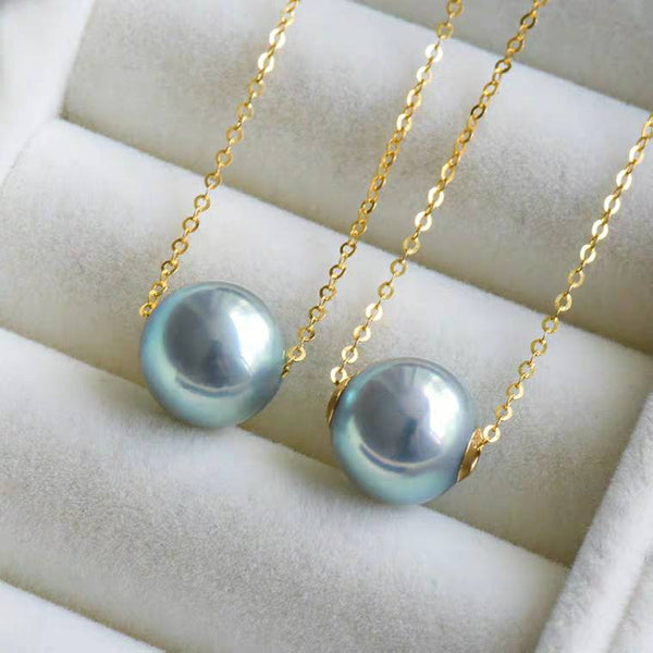 Floating Japanese Akoya Pearl charm pendant gray blue 8-9mm Dainty, with 18K gold solid fine chain, Au750 stamped, 75% of gold necklace