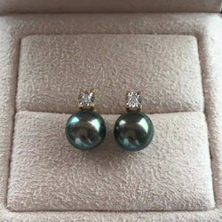 Genuine 18K gold solid zircon earrings  studs, Au750 gold natural Tahitian green  salt water pearls, round top- graded luster, 75% of gold