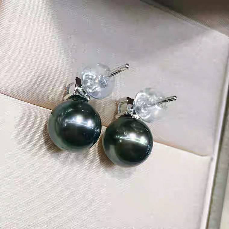 Genuine 18K gold solid zircon earrings  studs, Au750 gold natural Tahitian green  salt water pearls, round top- graded luster, 75% of gold