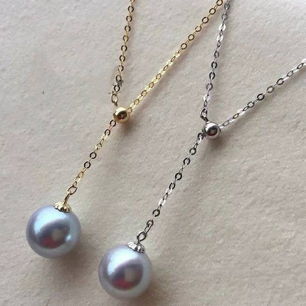 Genuine 18K gold solid fine chain, Au750 stamped gold, 75% of gold, Japanese Akoya gray blue pearl pendant charm, 8-9mm