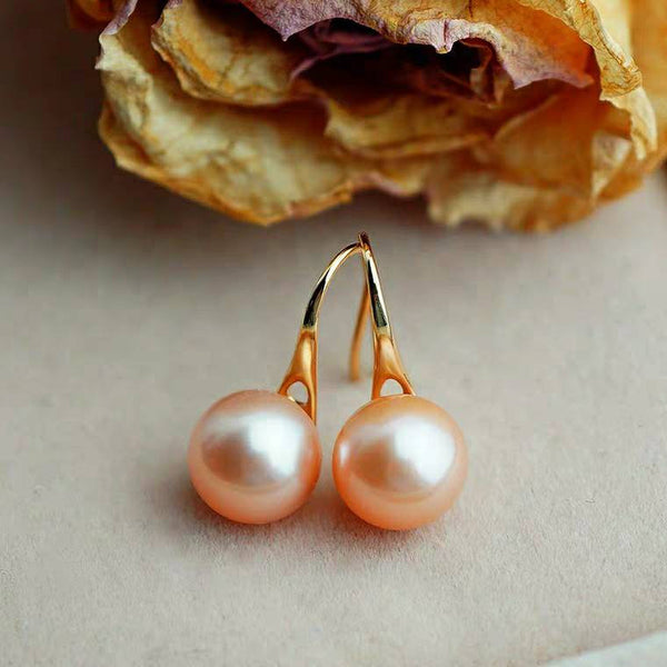 Genuine 18K gold solid pearl earrings hooks, Au750  gold, 75% of gold content, fresh water natural orange pinkish huge pearls, 10-11mm