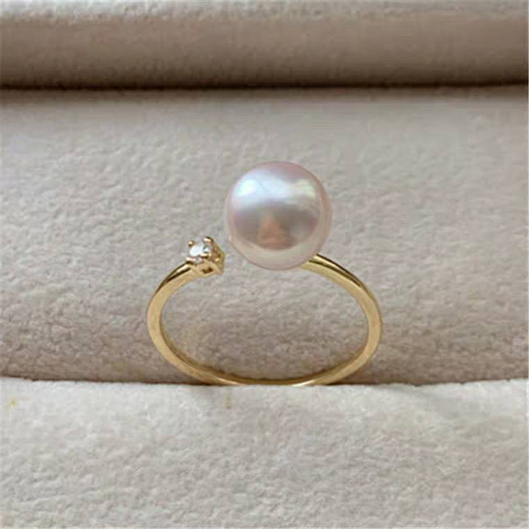 Genuine 18K gold solid Au750 gold ring, 75% of gold, sea water Japanese Akoya natural white pearl 7-8mm round  pearl ring, ajustable No.6