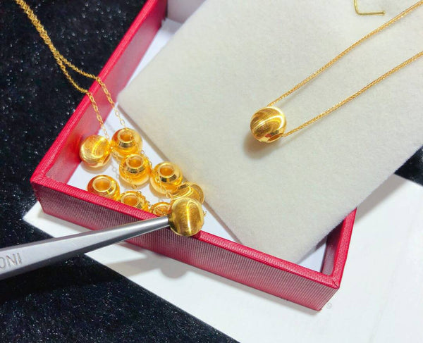 Genuine Necklace set 18K gold solid, AU750 stamped dainty fine chain +Pure gold  999 gold 24K pendant bead charm necklace set