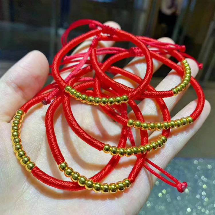 Genuine 24K gold solid beaded bracelet, Au999 gold, 99% of gold, with red rope bracelet, pure gold 999 gold beads bracelet