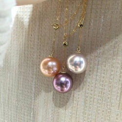 Necklace Genuine 18K gold solid Au750 chain with fresh water Edison purple, white,orange pearls circle top graded luster, free shipping