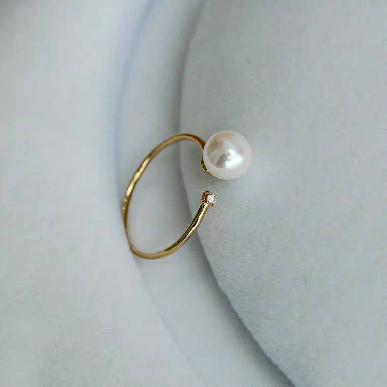 Genuine 18K gold solid Au750 gold ring, 75% of gold, sea water Japanese Akoya natural white pearl 7-8mm round  pearl ring, ajustable No.6