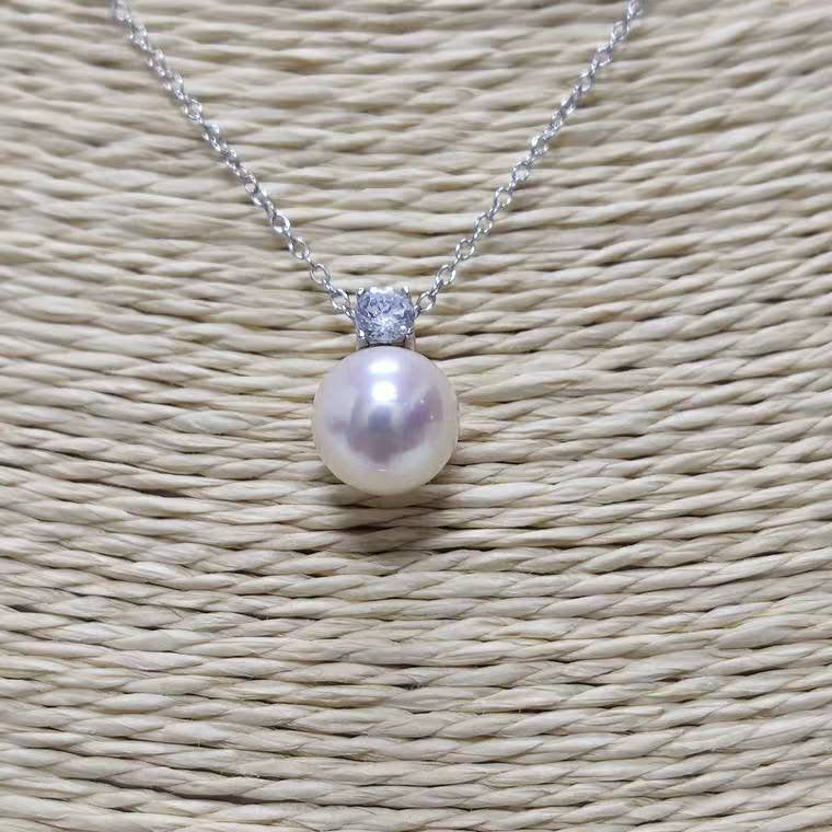 Genuine 18K gold solid zircon necklace,  Au750 fine chain pearl seawater Japanese Akoya white pearl necklace, charm, 18K gold zircon pendant