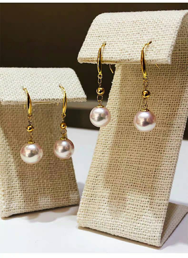 Akoya Pearl Dangle Earrings hooks,  Round AAAA Akoya Pearls 8-9mm, Natural White Color, Pink Luster, 18kt gold solid Au750, 75% of gold