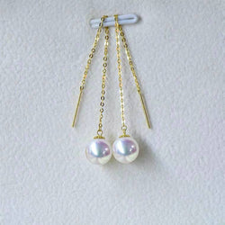 Genuine 18K gold solid earrings, dangle earrings, ear line Au750 gold  75% of gold, rose gold with Japanese akoya natural pearls pink, 7-8MM