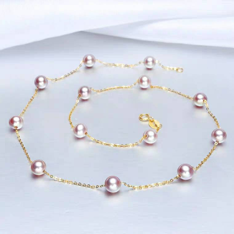 Genuine 18K gold solid pearl necklace,  Au750, 75% of gold, Fresh water Edison Pearls, top graded luster, purple, orange pink, white necklace