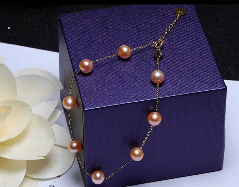 Genuine 18K gold solid beaded bracelet, Au750 stamped , 75% gold solid  chain, natural freshwater pearls, orange, purple edison pearls