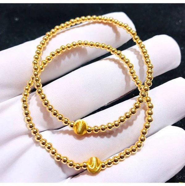 Genuine 18K gold solid beaded bangle bracelet, Au750 gold, 75% gold strand bracelet, 18K gold eye bead charm, stretch elastic bracelet