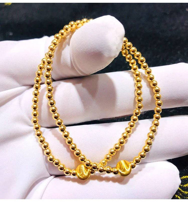 Genuine 18K gold solid beaded bangle bracelet, Au750 gold, 75% gold strand bracelet, 18K gold eye bead charm, stretch elastic bracelet