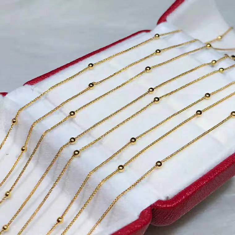 Necklace 18K Genuine gold solid  beaded wheat chain, Au750 stamped rose gold, yellow gold jewelry with gold beads charm 45CM,40CM