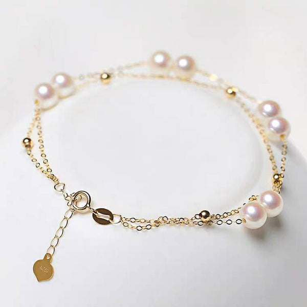 Genuine 18K gold solid beads bracelet, Au750 stamped, 75% gold chain, Japanese Akoya white round pearls top graded luster, pink luster