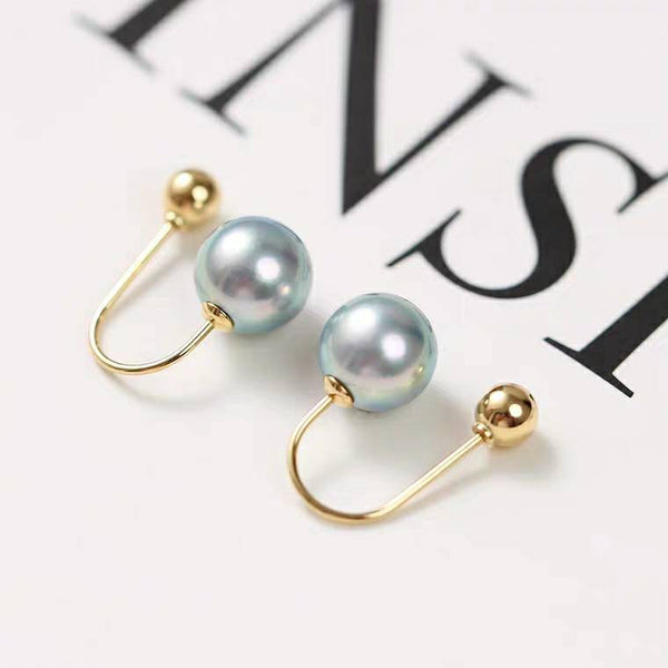 Genuine 18K gold solid screw back earrings, Au750 gold, 75% gold earring hooks, Japanese Akoya pearls gray blue 8-9MM, mirror luster