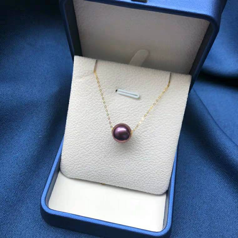 Genuine 18K gold solid fine chain, Au750 stampd gold 75% gold necklace, fresh water Edison natural purple pearl, pendant set, 12-13MM