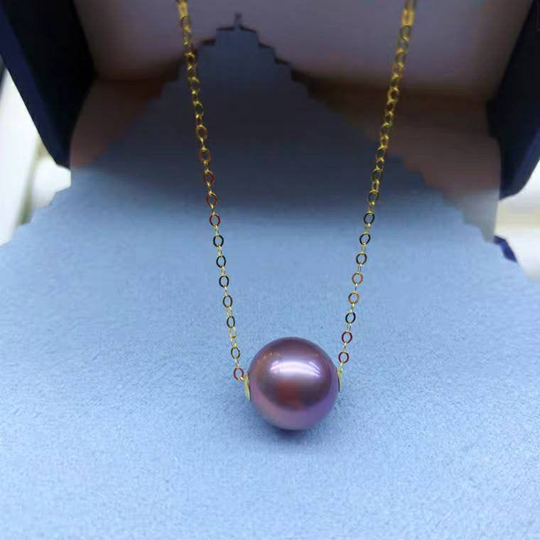 Genuine 18K gold solid fine chain, Au750 stampd gold 75% gold necklace, fresh water Edison natural purple pearl, pendant set, 12-13MM