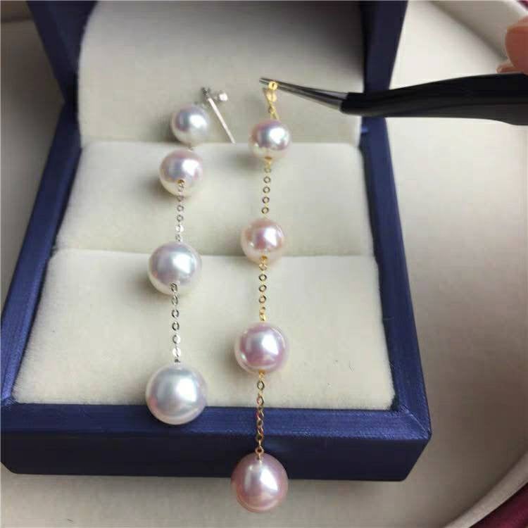 Genuine 18K gold solid dangle earring, Au750 gold, 75% of gold long 9cm chandelier earring, Fresh water Edison white pearls