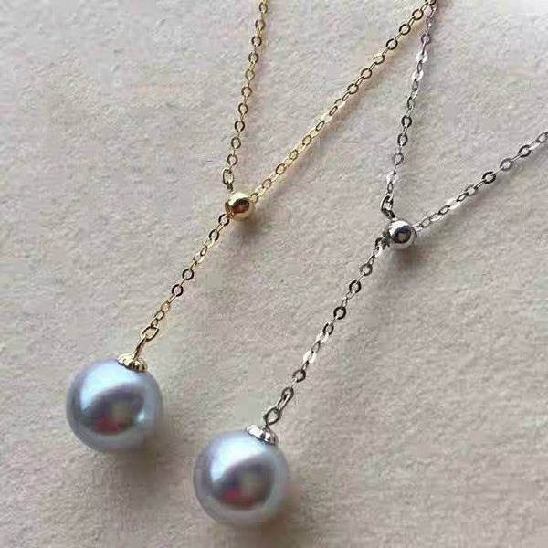 Genuine 18K gold solid fine chain, Au750 stamped gold, 75% of gold, Japanese Akoya gray blue pearl pendant charm, 8-9mm