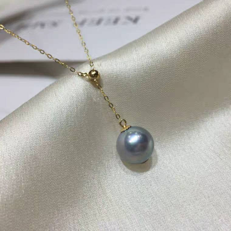 Genuine 18K gold solid fine chain, Au750 stamped gold, 75% of gold, Japanese Akoya gray blue pearl pendant charm, 8-9mm