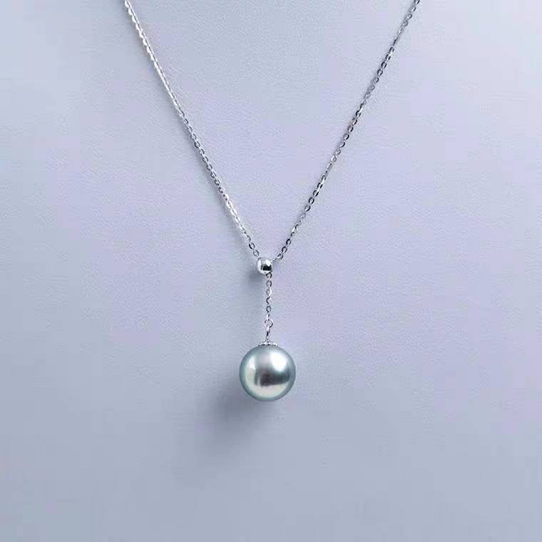 Genuine 18K gold solid fine chain, Au750 stamped gold, 75% of gold, Japanese Akoya gray blue pearl pendant charm, 8-9mm