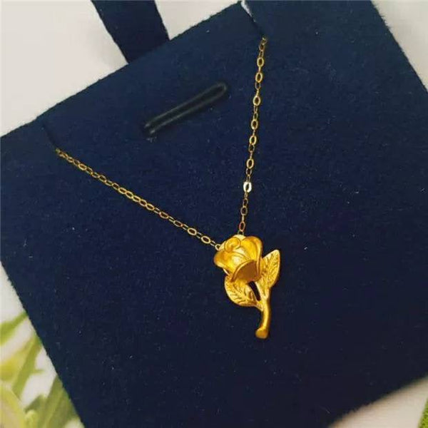 Genuine 24K gold solid rose flower pendant charm, Au999 pure gold +18K gold solid dainty chain, Au750 stamped gold chain, real K jewelry set