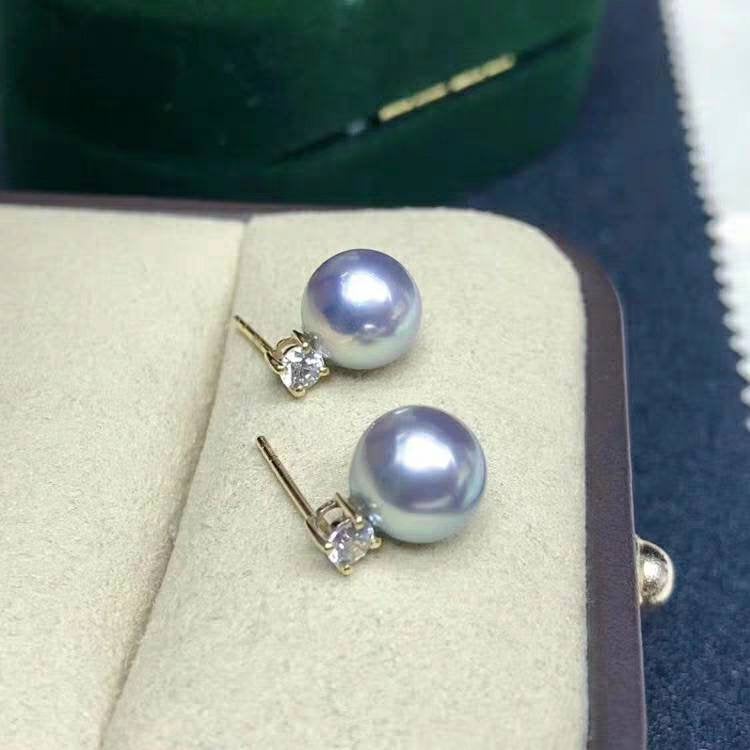 Genuine 18K gold solid zircon earrings, Au750 gold inlaid with zircon , 75% gold earring studs Japanese Akoya blue pearls, 18K white gold