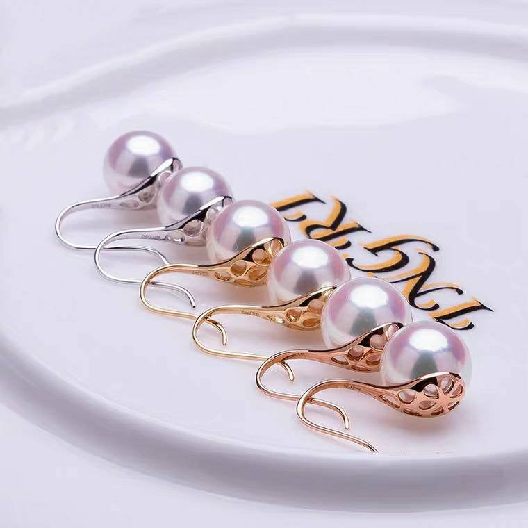 Genuine 18K gold solid hook earrings, Au750 gold , 75% gold earring hooks,dangle , Japanese Akoya natural pearls white with pink luster