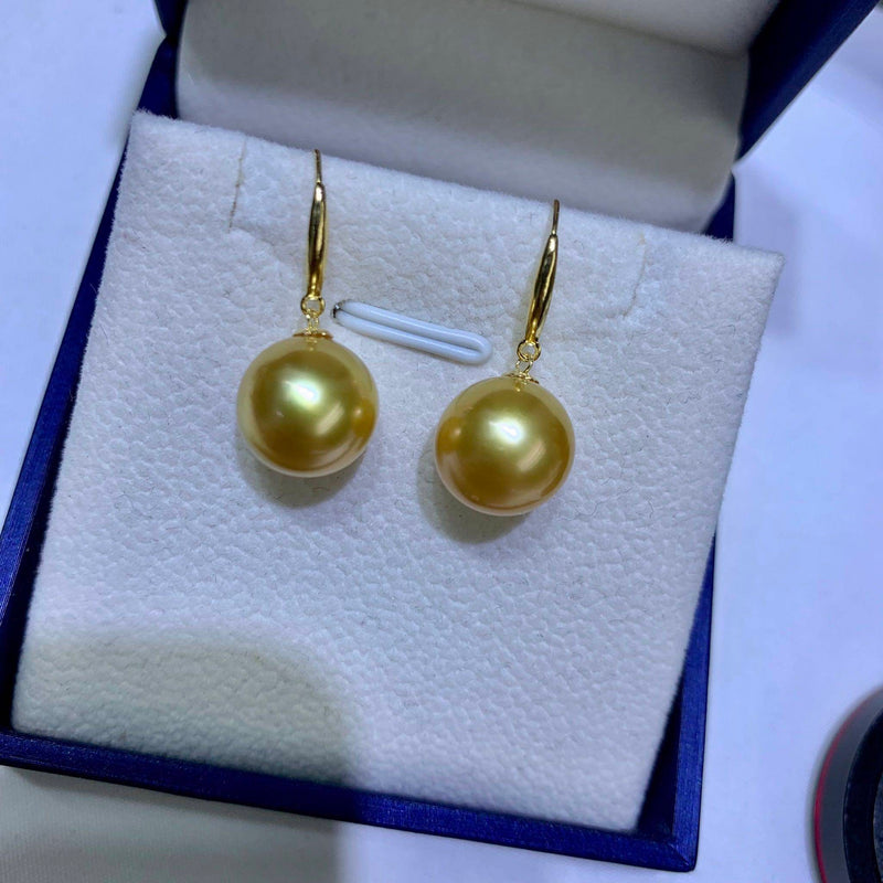 South sea Pearl 18K gold solid Dangle Earrings, Perfect Round AAAA Pearls 10-11mm, Natural golden pearls,18kt gold solid Au750, 75% of gold