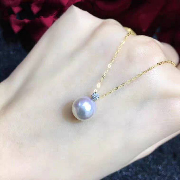 Genuine 18K gold solid zircon necklace,  Au750 fine chain pearl seawater Japanese Akoya white pearl necklace, charm, 18K gold zircon pendant