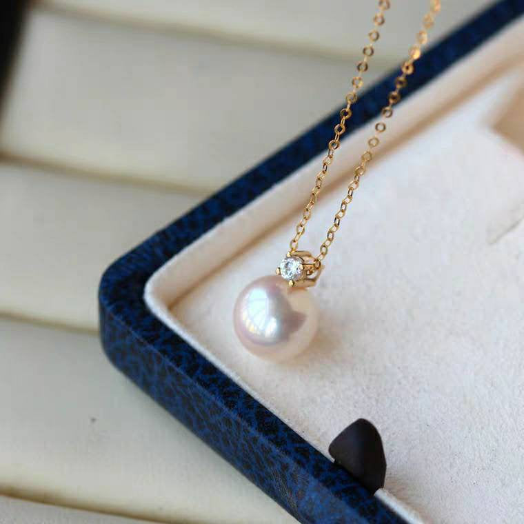 Genuine 18K gold solid zircon necklace,  Au750 fine chain pearl seawater Japanese Akoya white pearl necklace, charm, 18K gold zircon pendant