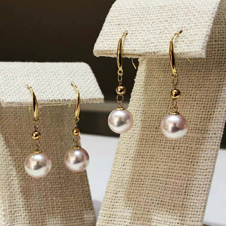 Akoya Pearl Dangle Earrings hooks,  Round AAAA Akoya Pearls 8-9mm, Natural White Color, Pink Luster, 18kt gold solid Au750, 75% of gold