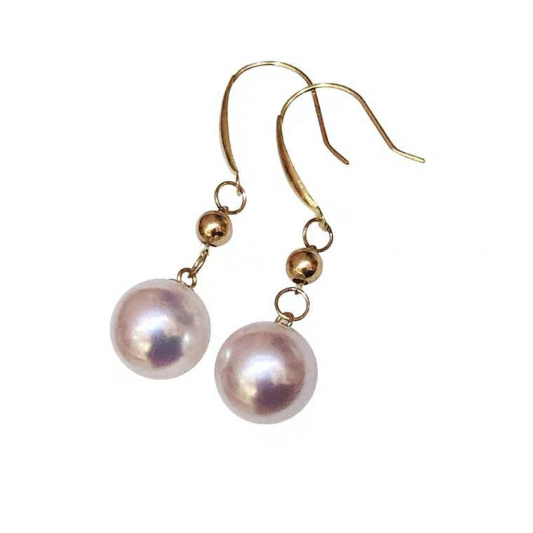 Akoya Pearl Dangle Earrings hooks,  Round AAAA Akoya Pearls 8-9mm, Natural White Color, Pink Luster, 18kt gold solid Au750, 75% of gold