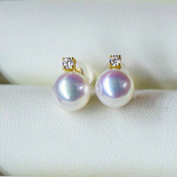 Genuine 18K gold solid Akoya pearl earrings, Au750 gold inlaid with zirconia , 75% gold earring studs Japanese Akoya pearls with pink luster