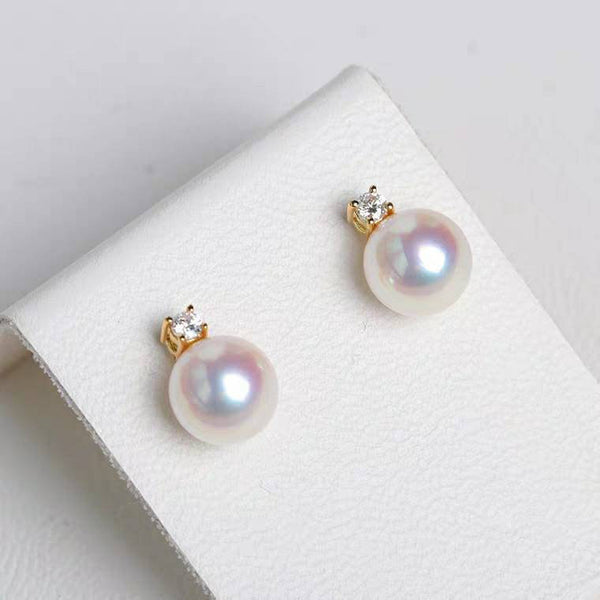 Genuine 18K gold solid Akoya pearl earrings, Au750 gold inlaid with zirconia , 75% gold earring studs Japanese Akoya pearls with pink luster