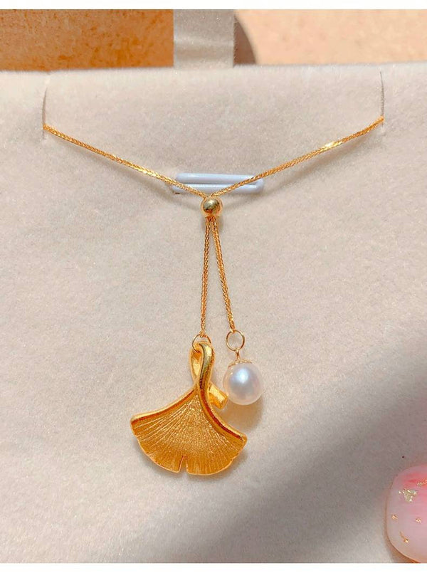 Genuine 18K gold solid chain, Au750 stamped gold, 24K gold Au999 leaf  pendant charm, white pearl pendant