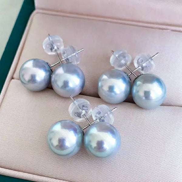 Genuine 18K white gold solid earring , Au750 gold , Japanese Natural Akoya salt water pearls,  akoya gray blue pearls, mirror surface