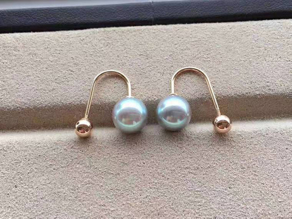 Genuine 18K gold solid screw back earrings, Au750 gold, 75% gold earring hooks, Japanese Akoya pearls gray blue 8-9MM, mirror luster